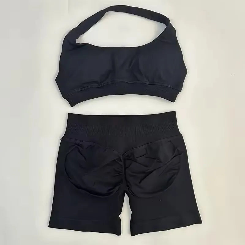 Sports Shorts Set 2 Pieces Seamless Yoga Set Workout Tracksuit Halter Yoga Top And Sports Short Suit