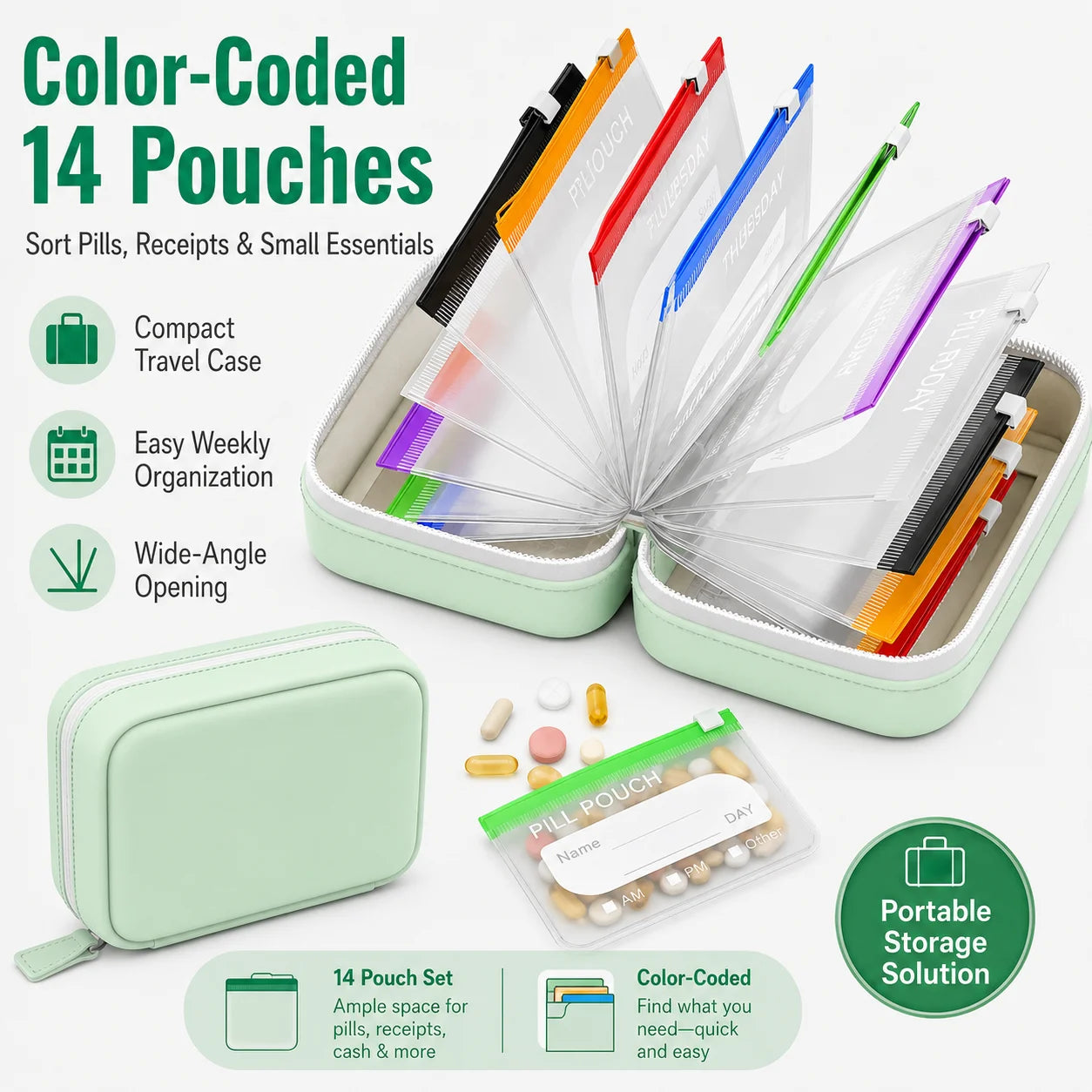 Travel Pill Organizer with 14 Reusable Zipper Pouches, Food Grade Silicone Case for Medicine and Daily Essentials