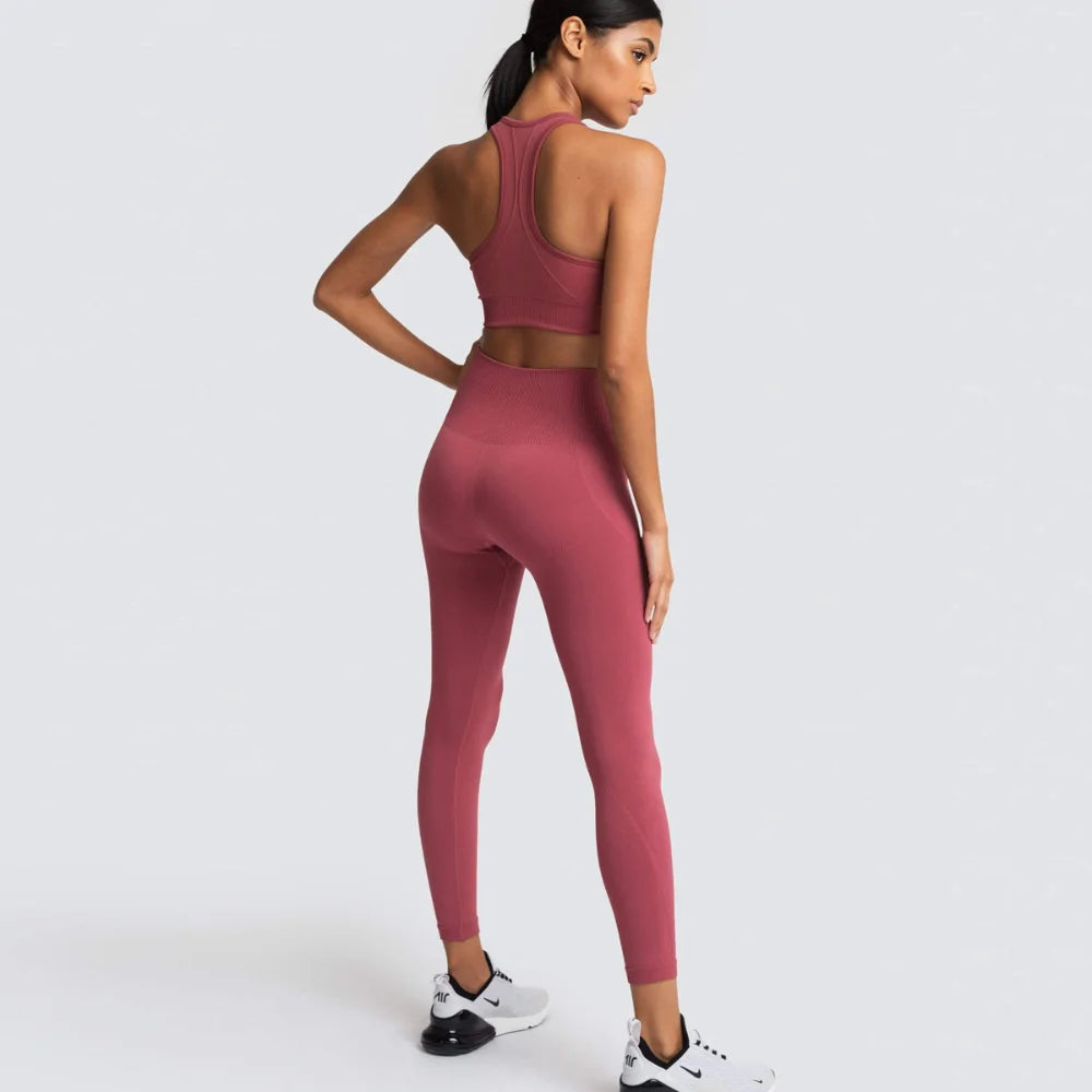 Women's Seamless Yoga Set Fitness Crop Top & Tummy Control High Waist Leggings with Built-in Bra Workout