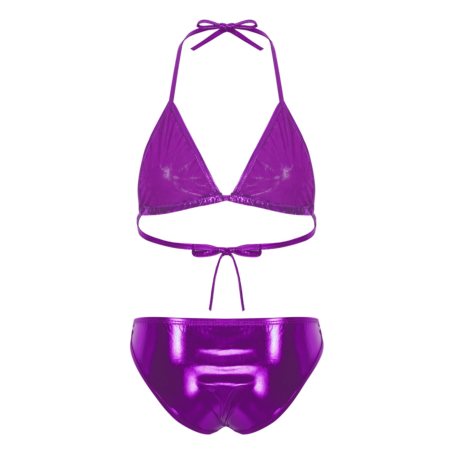 Womens Metallic Shiny Bikini Swimwear Pool Party Swimming Bathing Suit Halter Lace-up Bra with O Ring Briefs Bikini Swimsuit