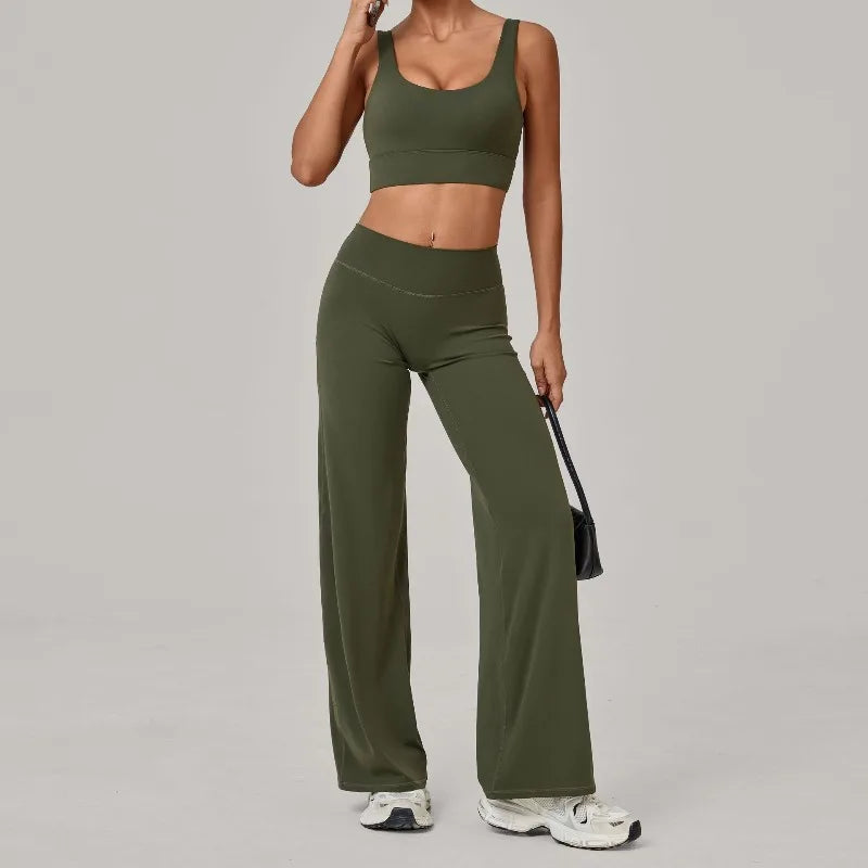 New Women Yoga Set Double Strap Bra Straight Leg Pants Quick Dry Gym Fitness Workout Clothes Outdoor Running Sports Set