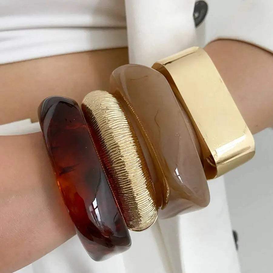 IngeSight.Z Vintage Irregular Geometric Resin Wide Bangles Bracelet for Women Hip Hop Punk Chunky Metal Bangles Trendy Jewelry