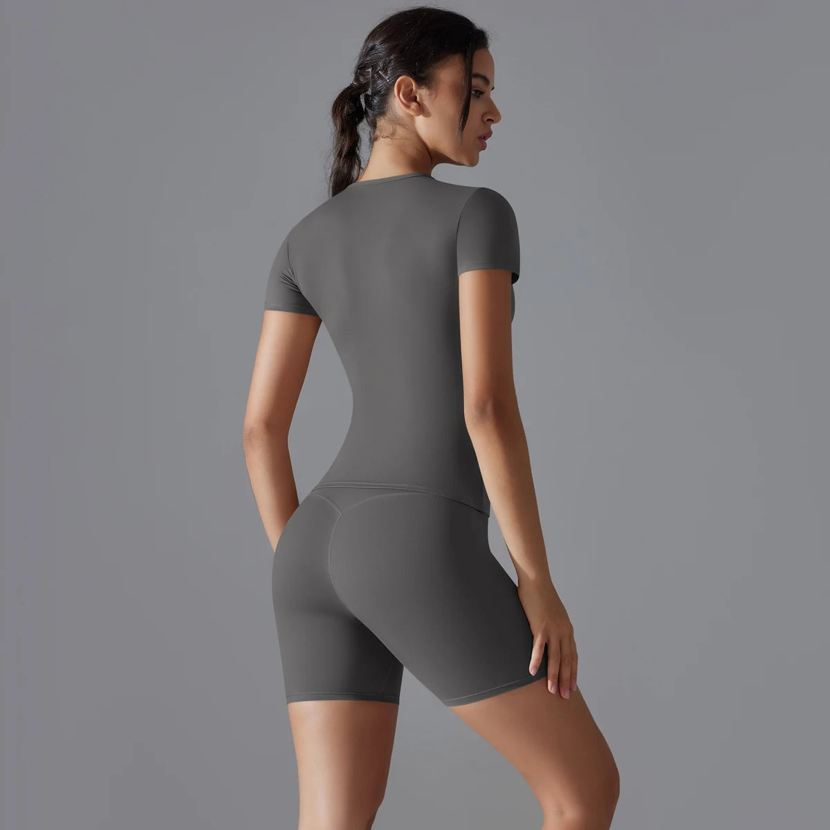 Yoga Set Women Sports Short Sleeve Top With High Waist Leggings