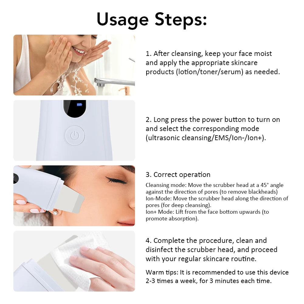 Ultrasonic Skin Scrubber Skin Spatula Ion Deep Face Cleaning 4 Modes Facial Lifting