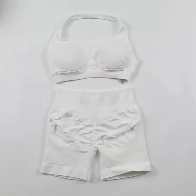 Sports Shorts Set 2 Pieces Seamless Yoga Set Workout Tracksuit Halter Yoga Top And Sports Short Suit