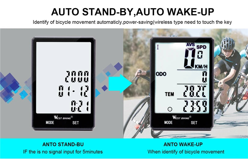WEST BIKING Bike Compuer Stopwatch IPX6 Waterproof 2.8In Cycling Speedometer Wireless Multifuction 2 Backlight Modes Odometer