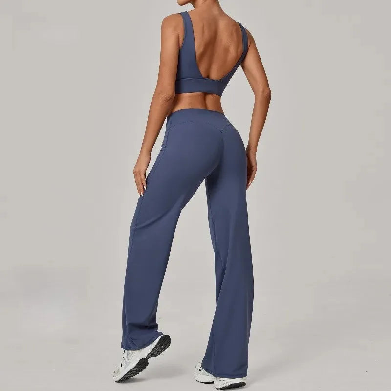New Women Yoga Set Double Strap Bra Straight Leg Pants Quick Dry Gym Fitness Workout Clothes Outdoor Running Sports Set