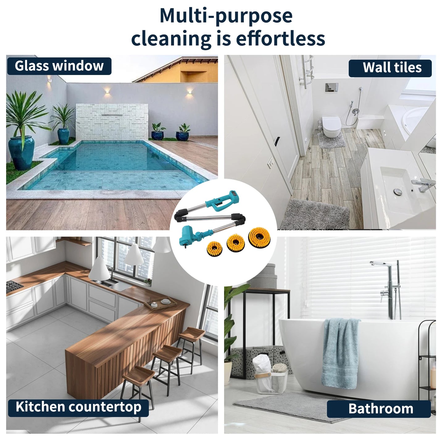 Cordless Cleaning Brush Multi-Surface Adjustable Speed 60dB Quiet Interchangeable Brush Heads for Kitchen Bathroom, No battery