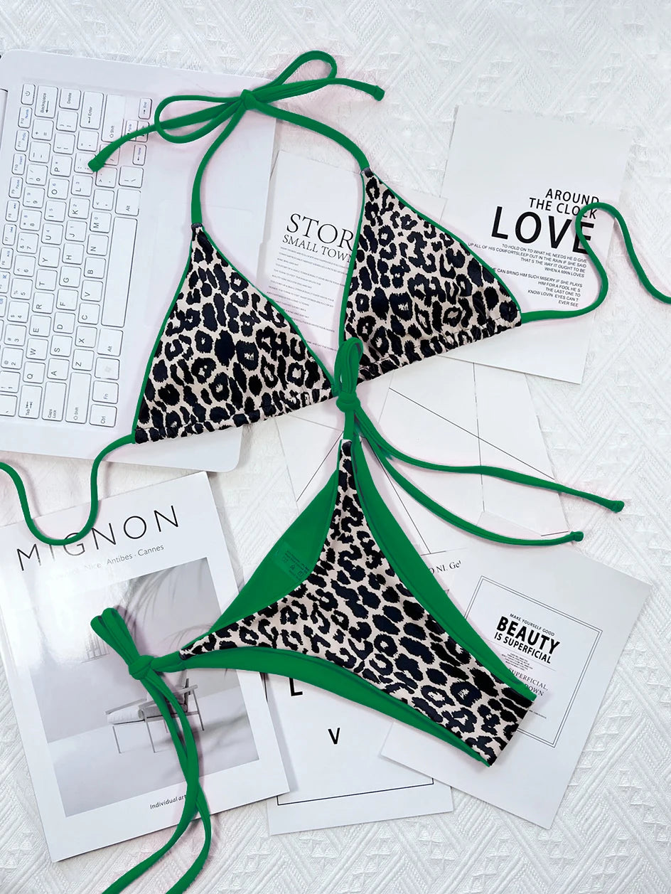 Sexy Leopard Micro Bikini 2023 Women Swimsuit Female Swimwear Thong Bikinis Set Brazilian Halter Beach Wear Lace Up Bathing Suit