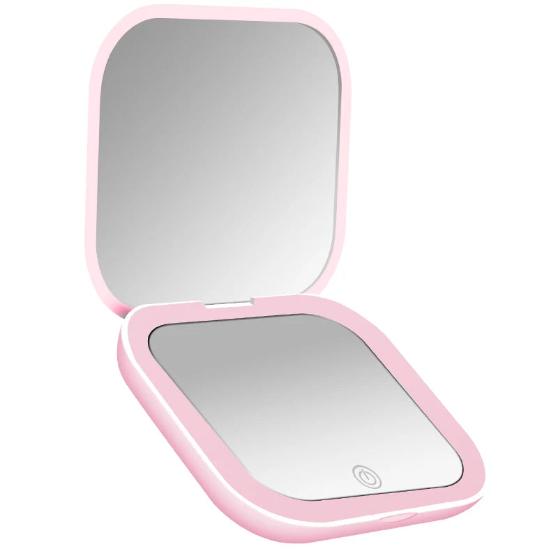 Compact, mini folding cosmetic mirror with lighting, portable, handheld, small pocket travel cosmetic mirror with a magnificatio