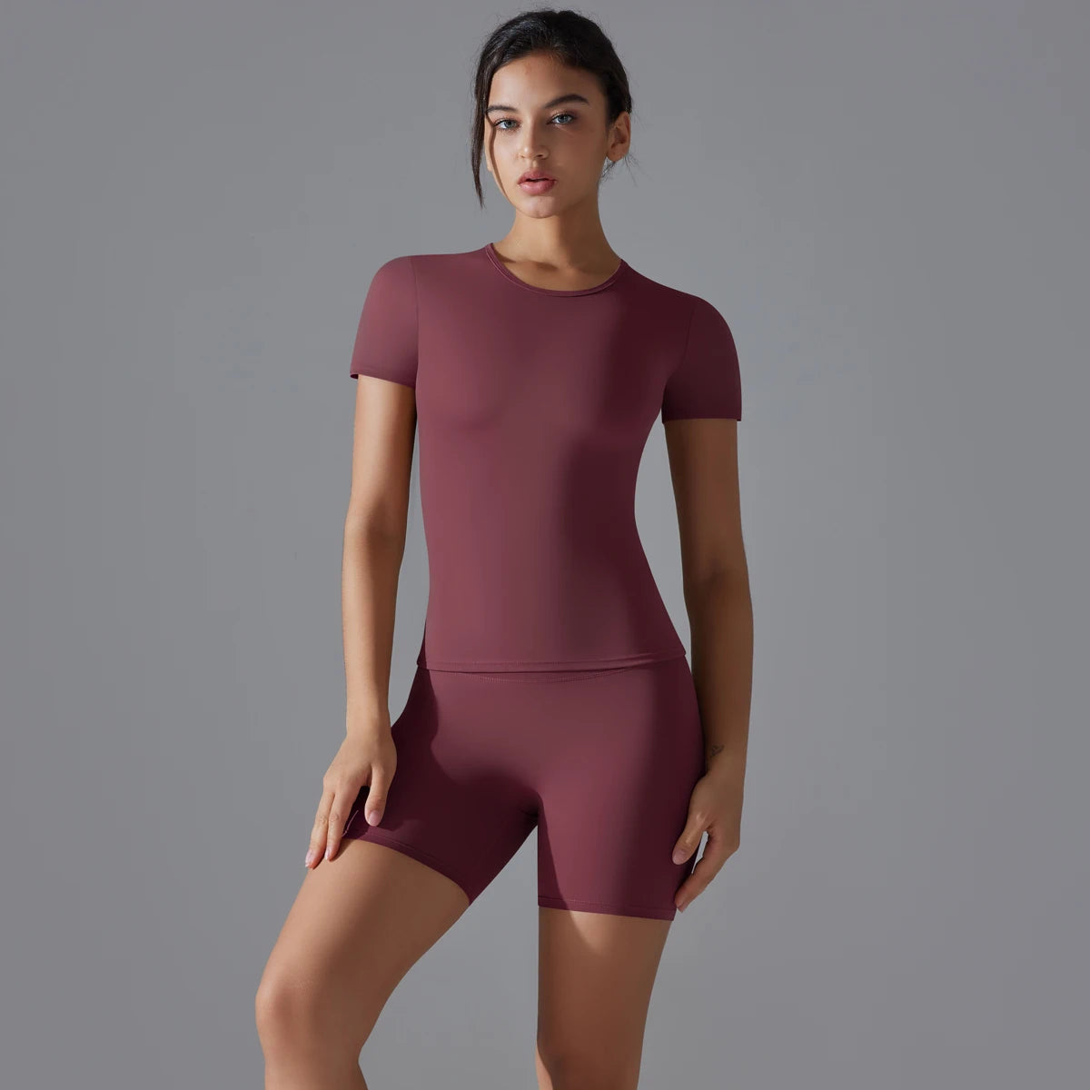Yoga Set Women Sports Short Sleeve Top With High Waist Leggings