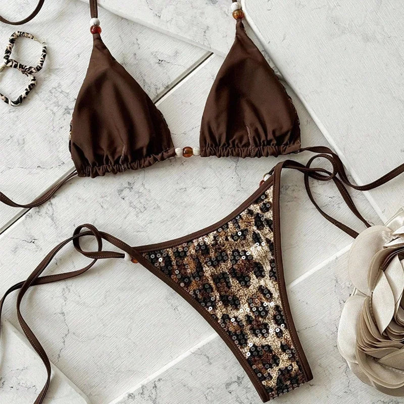 Women's Sexy Snakeskin Print Bikini Set Deep V Neck Low Waist  Adjustable Length Swimsuit Top Bottom Pool Party Beachwear