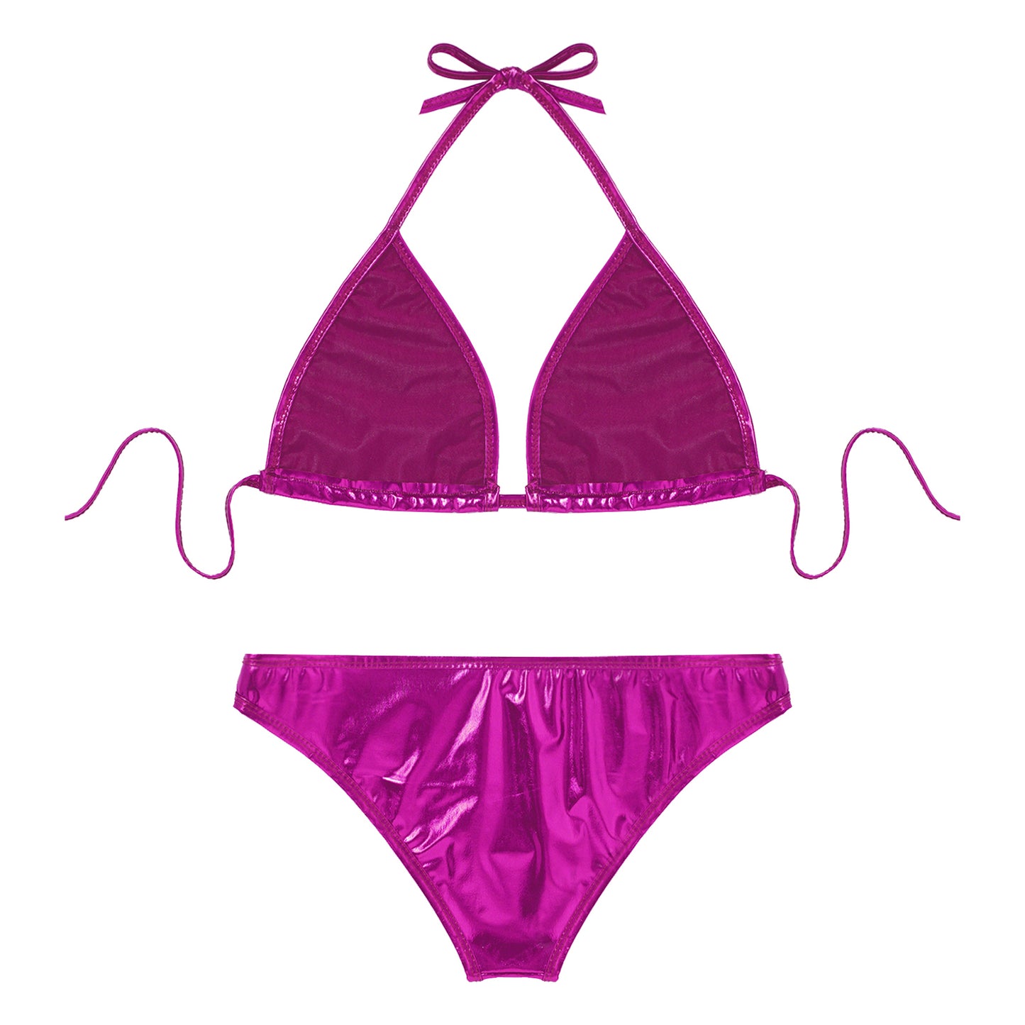 Womens Metallic Shiny Bikini Swimwear Pool Party Swimming Bathing Suit Halter Lace-up Bra with O Ring Briefs Bikini Swimsuit