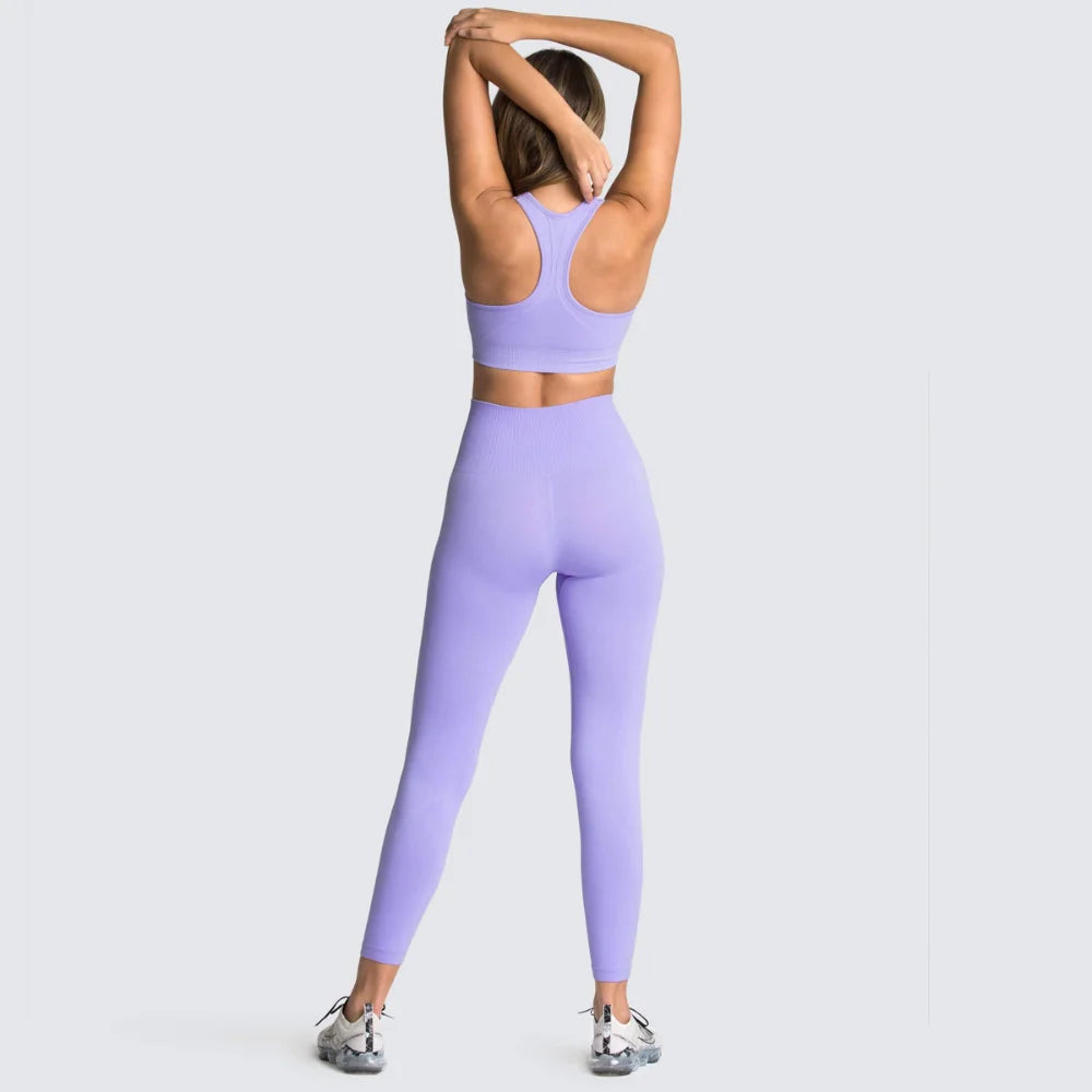 Women's Seamless Yoga Set Fitness Crop Top & Tummy Control High Waist Leggings with Built-in Bra Workout