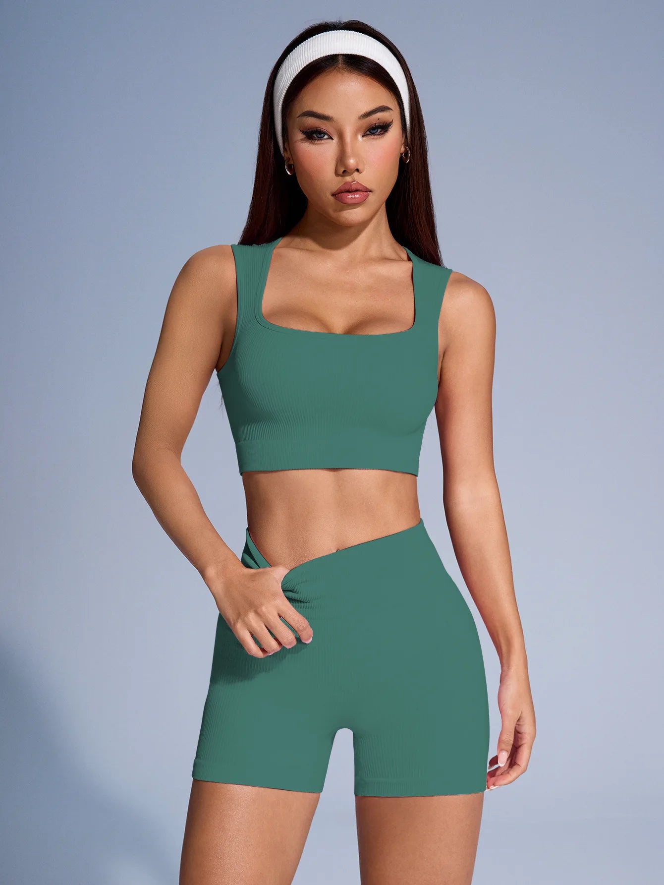 Seamless Ribbed Yoga Sets Workout Sets for Women 2 Pieces Gym Suits Ribbed Crop Tank High Waist Shorts Outfits Fitness