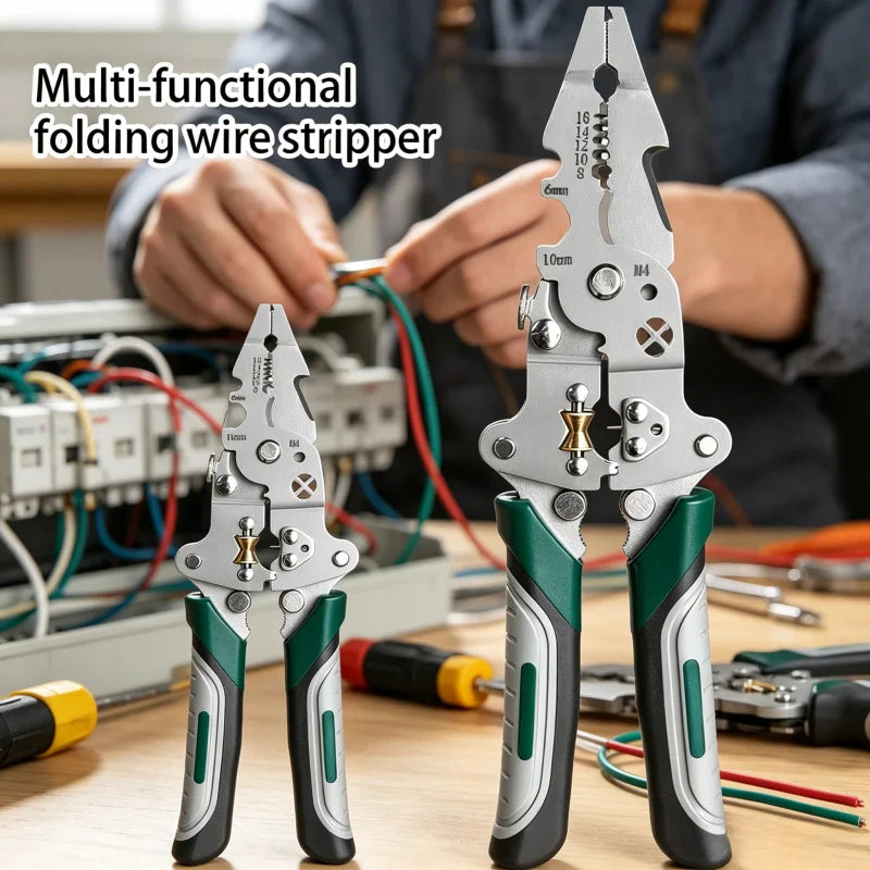 Multi-Function Foldable Electrician Tool with Pulley Design, Combines Wire Stripper, Splitter, Winding & Crimping Pliers