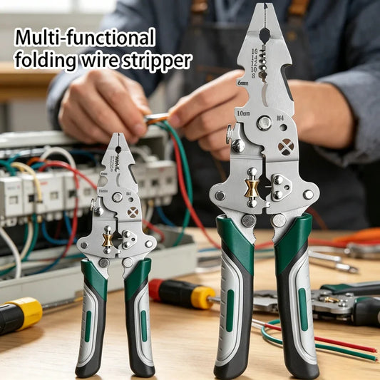 Multi-Function Foldable Electrician Tool with Pulley Design, Combines Wire Stripper, Splitter, Winding & Crimping Pliers