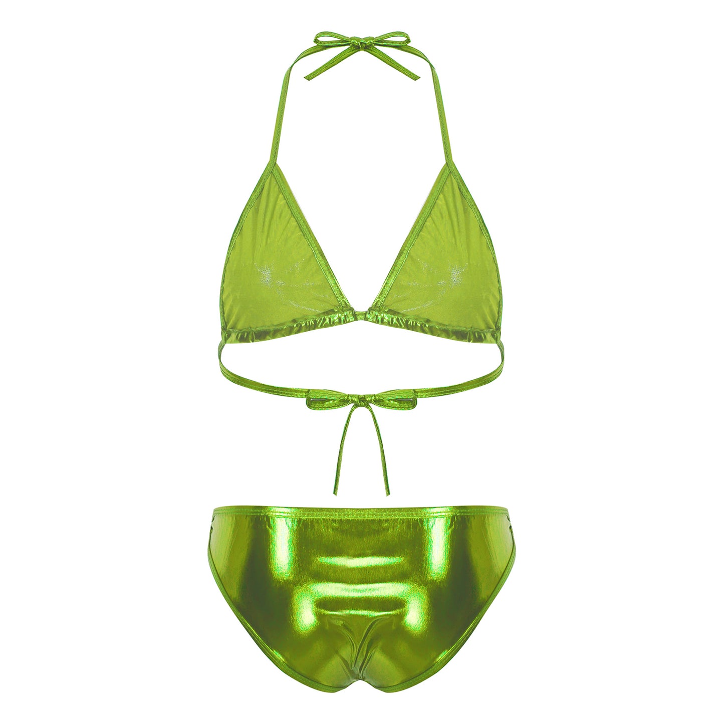 Womens Metallic Shiny Bikini Swimwear Pool Party Swimming Bathing Suit Halter Lace-up Bra with O Ring Briefs Bikini Swimsuit