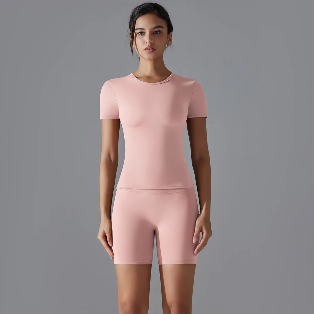 Yoga Set Women Sports Short Sleeve Top With High Waist Leggings