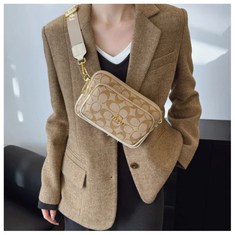 Original Circular-Pattern Logo Crossbody: Retro-luxury, durable fabric, adjustable strap. Ideal for daily/work/social use