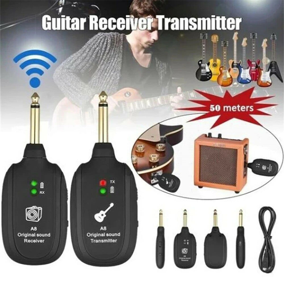 Miwayer A8 Guitar Wireless System - Built-in Rechargeable Transmitter & Receiver for Electric Guitar/Bass
