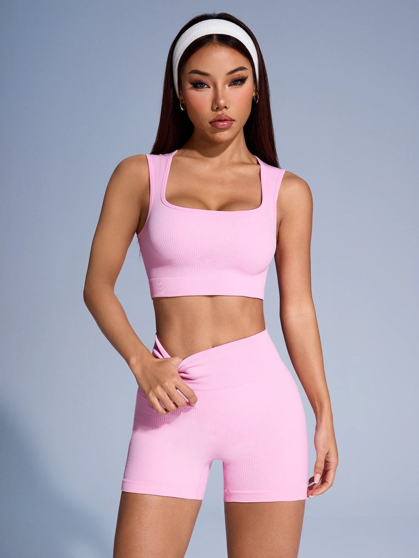 Seamless Ribbed Yoga Sets Workout Sets for Women 2 Pieces Gym Suits Ribbed Crop Tank High Waist Shorts Outfits Fitness