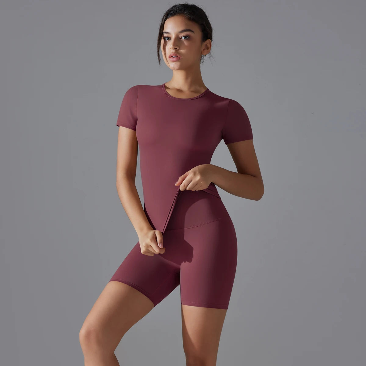 Yoga Set Women Sports Short Sleeve Top With High Waist Leggings