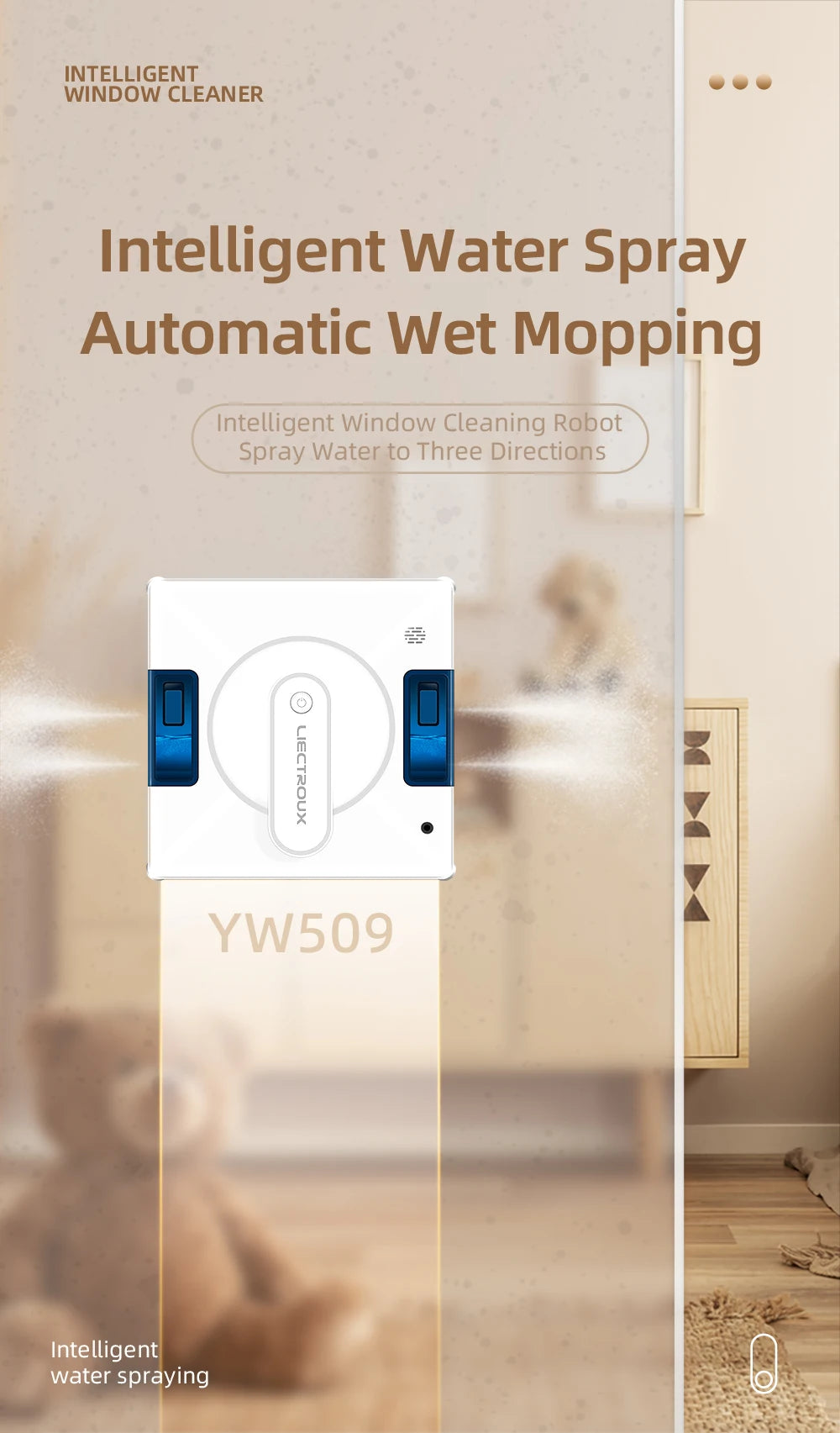 Robot Window Cleaner LIECTROUX YW509,4-Way Water Spray,Home Wall Glass Window Robot Vacuum Cleaner,Updated Laser,Smart Memory