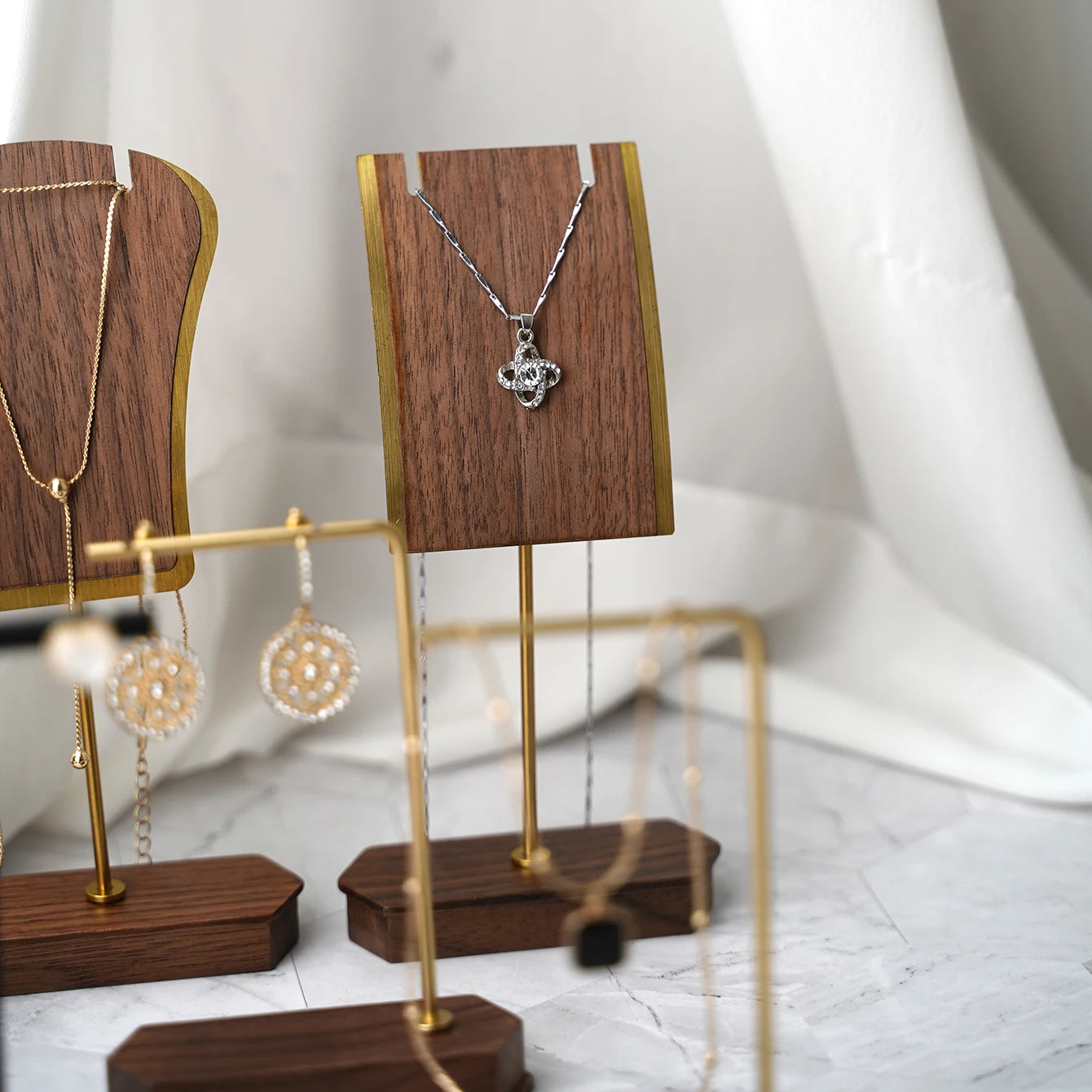 Multi - Use Jewelry Display Rack, Walnut Base Gold/Black Metal Top Rated Holder for Earrings/Necklaces, Loved by Boutique Owners