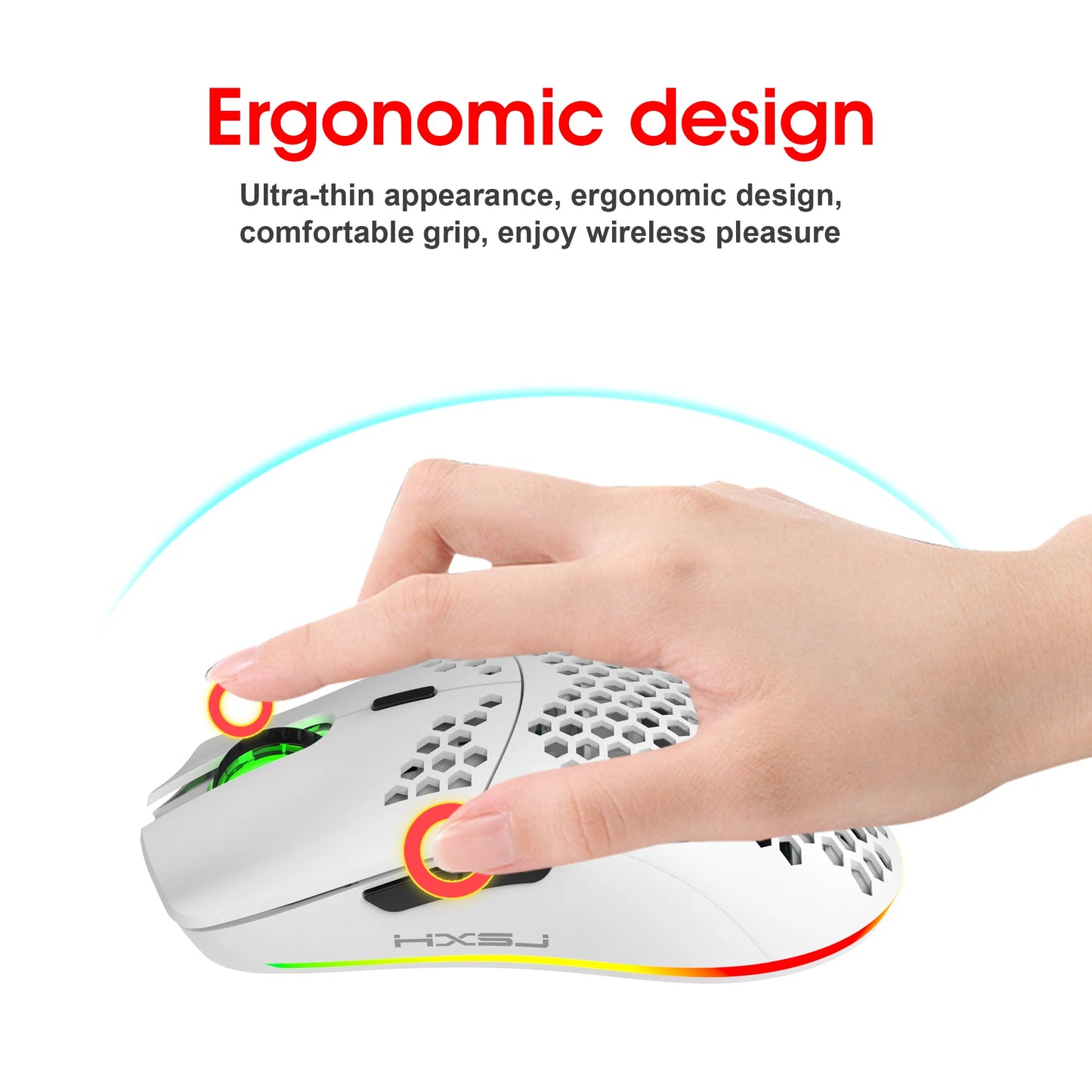 Wireless Mouse 2.4G with Built-in Rechargeable Battery, RGB Lighting, Honeycomb Design, Plug-and-Play USB
