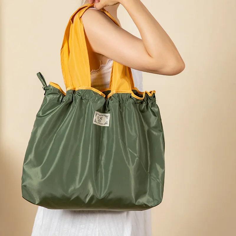 1-Pack Reusable Shopping Bag, Large Capacity Foldable Drawstring Eco-friendly Storage Bag, Casual Shopping Shoulder Bag