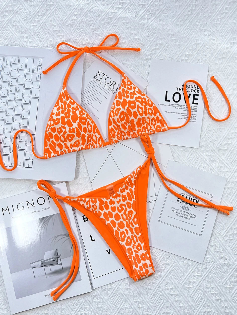 Sexy Leopard Micro Bikini 2023 Women Swimsuit Female Swimwear Thong Bikinis Set Brazilian Halter Beach Wear Lace Up Bathing Suit