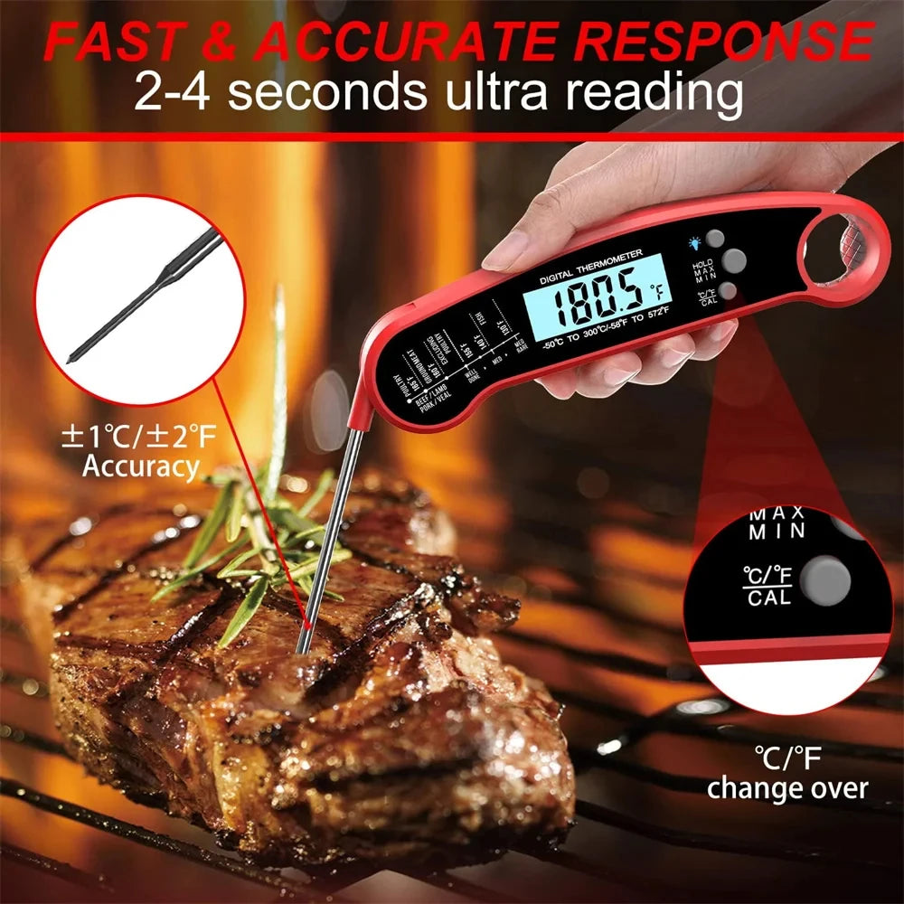 Multifuction Digital Thermometer with Foldable Probe for Cooking Food and Meat Waterproof & Instant Read for Kitchen Baking BBQ、