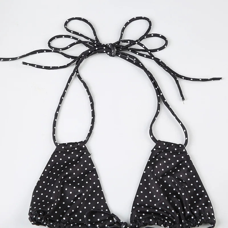 2025 Summer Vacation Beach 2 Piece Set Women Sexy Polka Dots Print Lace Up Halter Bra + Ruffles Micro Mini Skirts Swimsuit