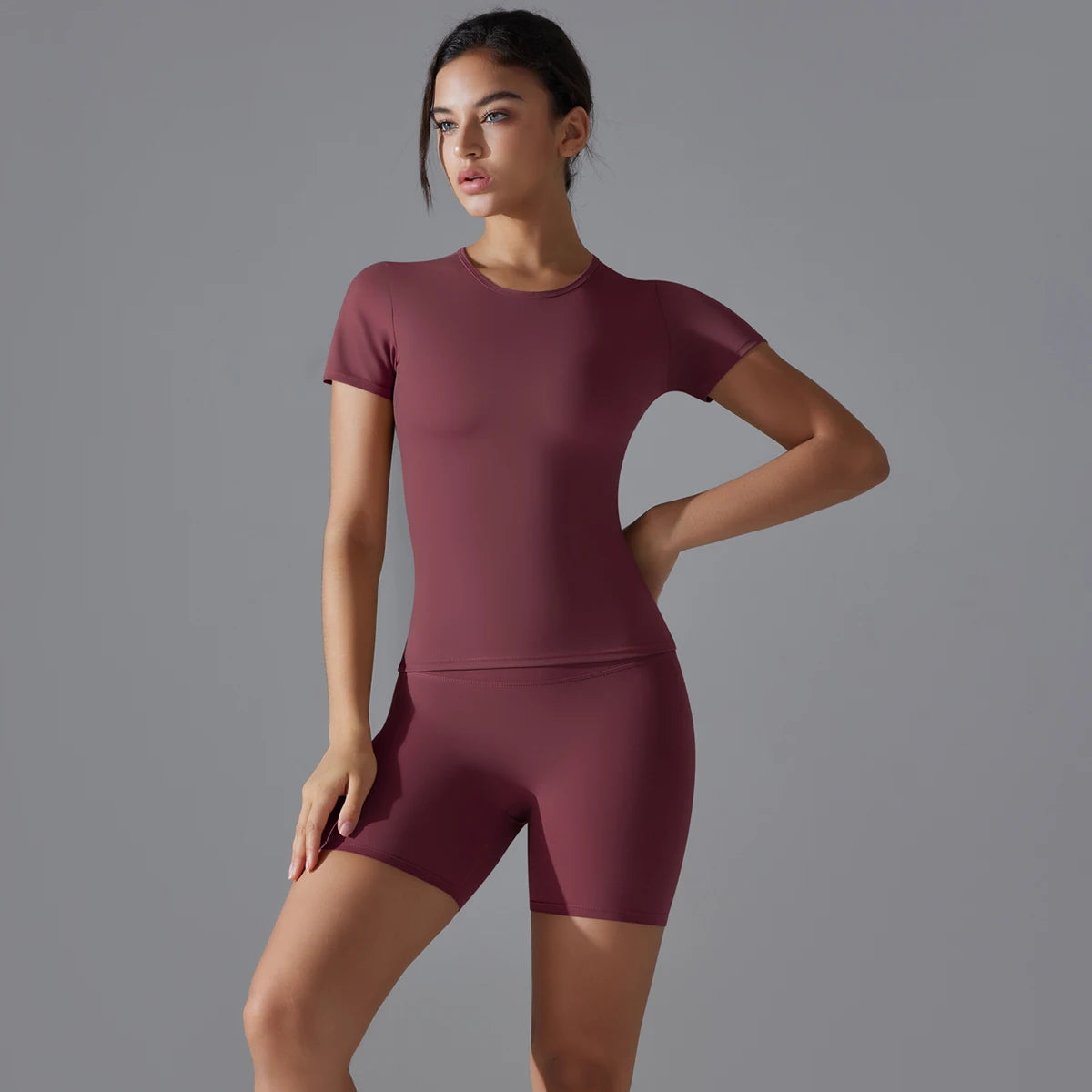 Yoga Set Women Sports Short Sleeve Top With High Waist Leggings
