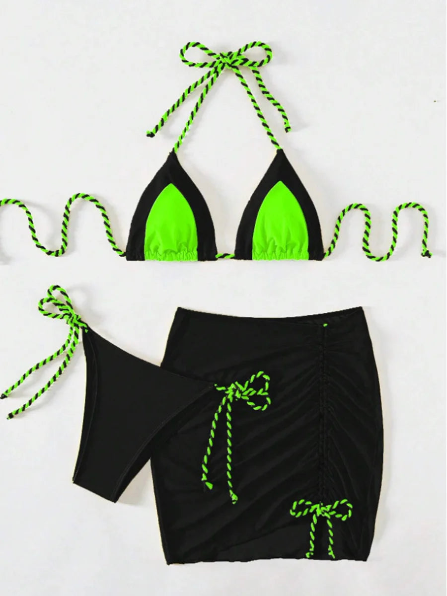 2026 Halter String 3 Piece Bikini Drawstring Skirt Swimsuit Women Swimwear Female Bather Bathing Swimming Swim Suit Beachwear