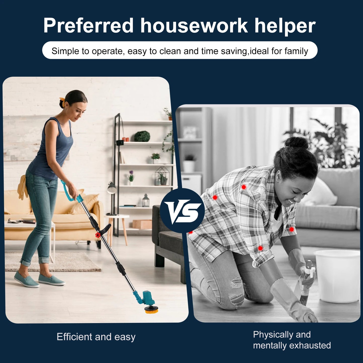 Cordless Cleaning Brush Multi-Surface Adjustable Speed 60dB Quiet Interchangeable Brush Heads for Kitchen Bathroom, No battery