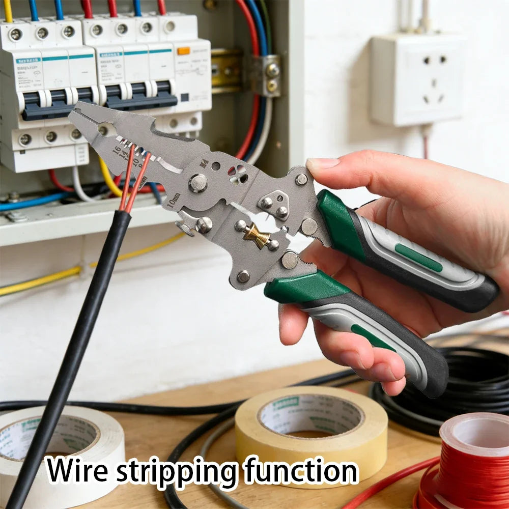 Multi-Function Foldable Electrician Tool with Pulley Design, Combines Wire Stripper, Splitter, Winding & Crimping Pliers