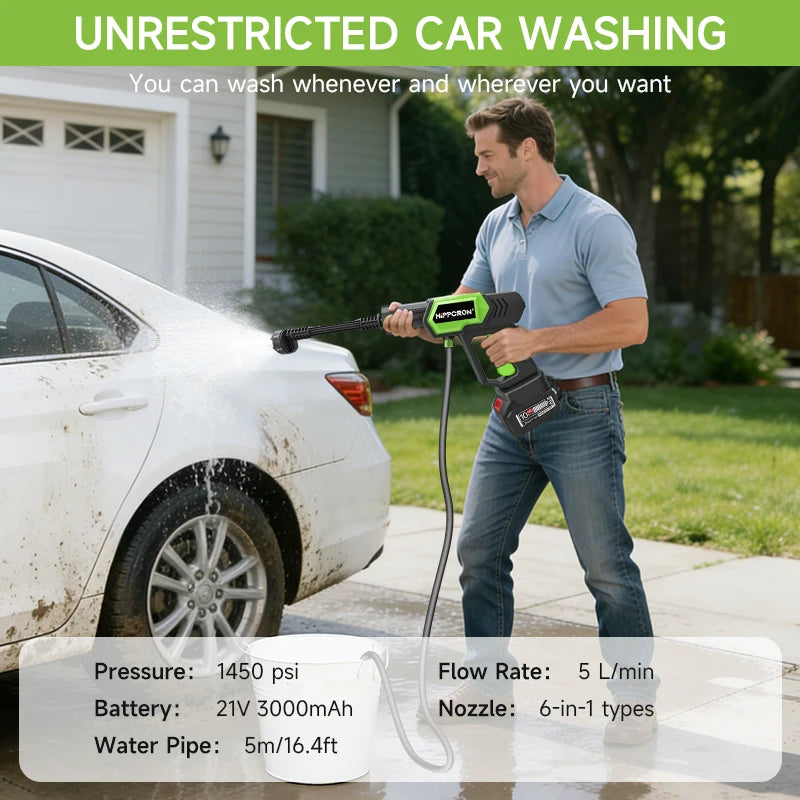 Hippcron Cordless Pressure Washer 1450PSI Portable Power Cleaning 6-in-1 Adjustable Nozzle All-in-One for Car Home Garden