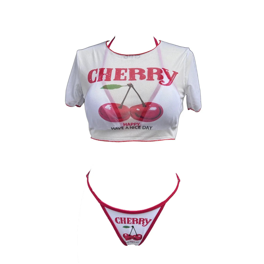 XS -XL Cherry Printed Short Sleeve Bikini Female Swimsuit Women Swimwear Three-pieces Bikini set Bather Bathing Suit Swim V6854