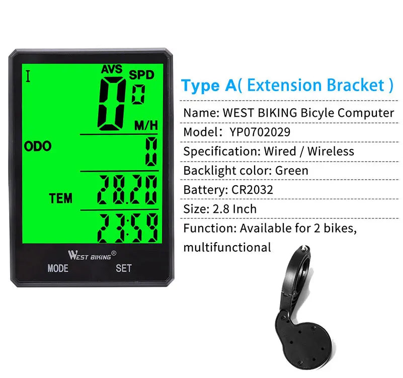 WEST BIKING Bike Compuer Stopwatch IPX6 Waterproof 2.8In Cycling Speedometer Wireless Multifuction 2 Backlight Modes Odometer