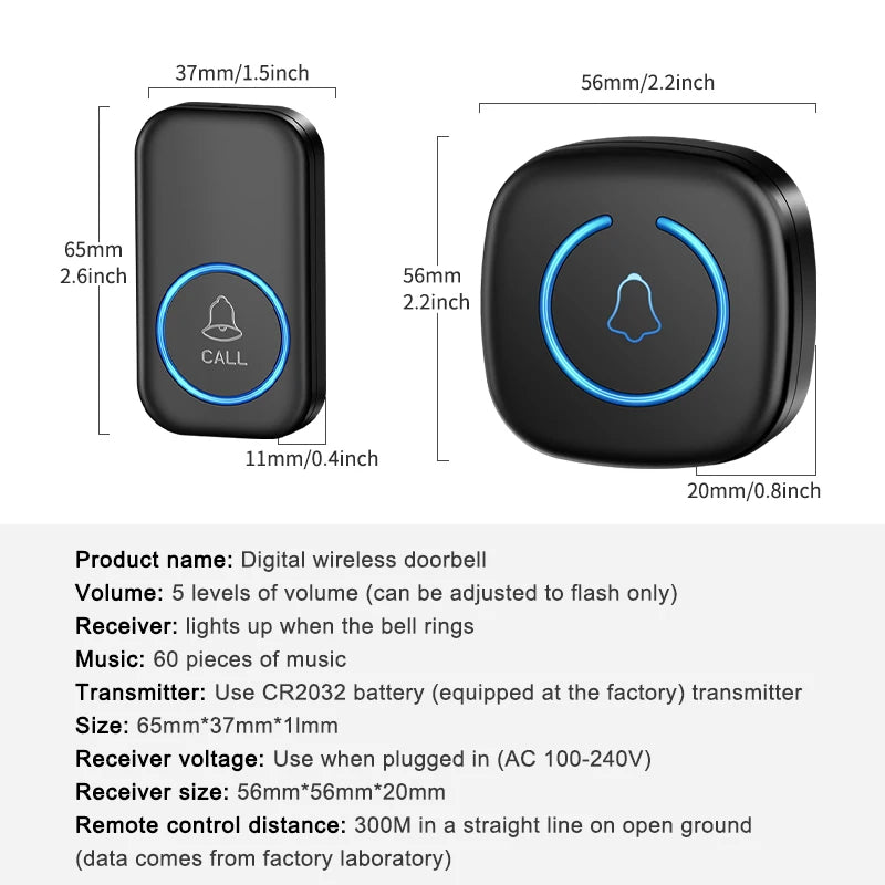 Wireless Doorbell Intelligent Welcome Door Bell 300M/984 FT