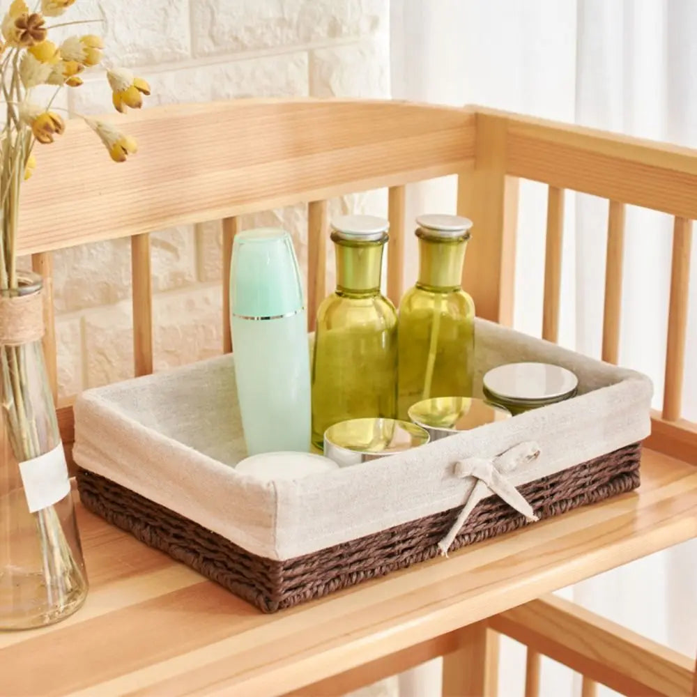 Rectangular Handmade Rattan Storage Baskets French Style Bow Weaving Storage Tray Reusable Bohemian Style Cosmetics Storage Box
