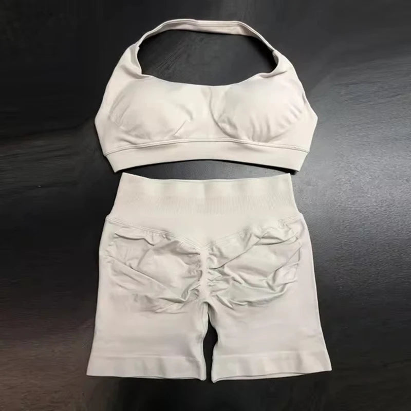 Sports Shorts Set 2 Pieces Seamless Yoga Set Workout Tracksuit Halter Yoga Top And Sports Short Suit