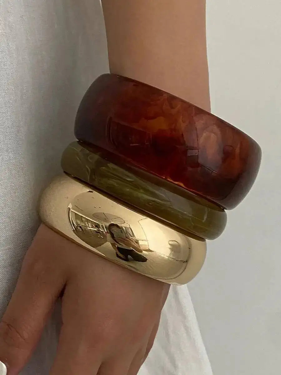 Salircon 3 Styles Boho Wide Chunky Round Acrylic Resin Bangles Women Hip Hop Geometric Metal Bracelets Stackable Charms Jewelry