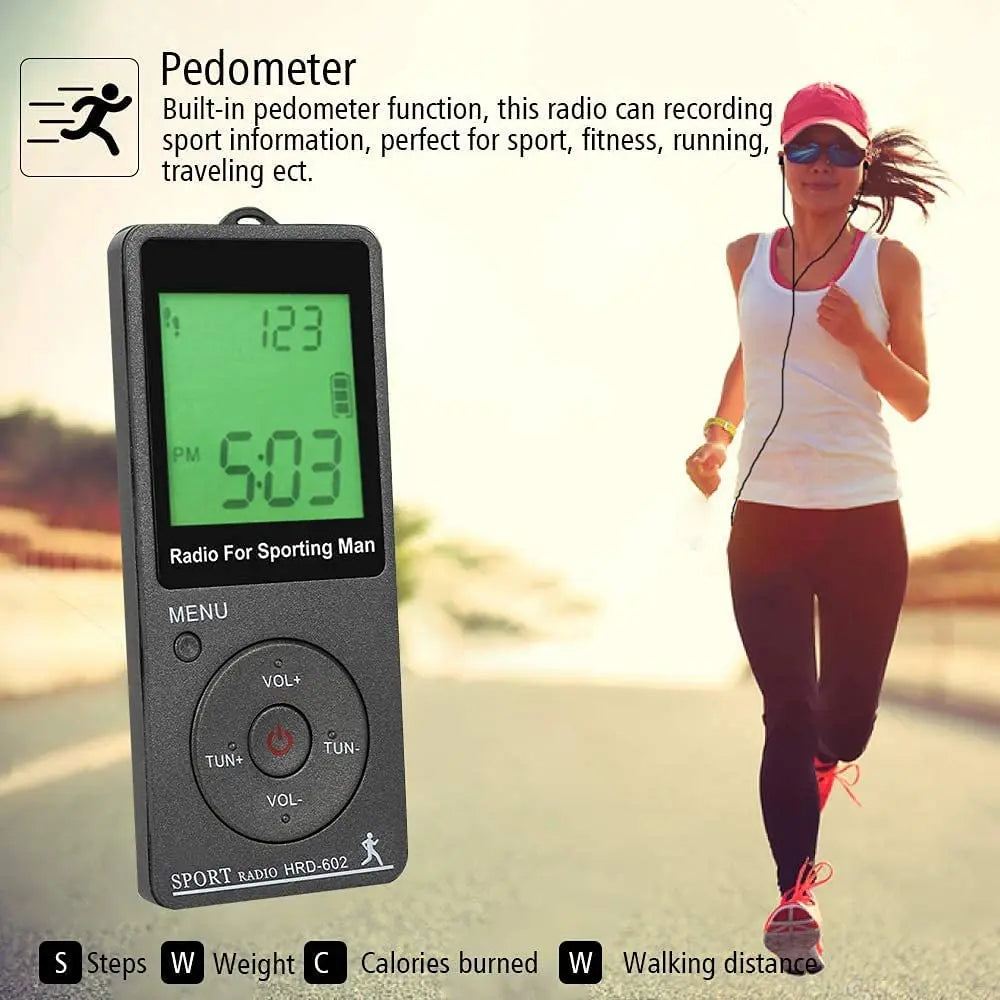 Portable  AM FM Mini Radio LED Display with Pedometer Headphones Digital Tuning Sports Radio for Running Walking Pocket Radio