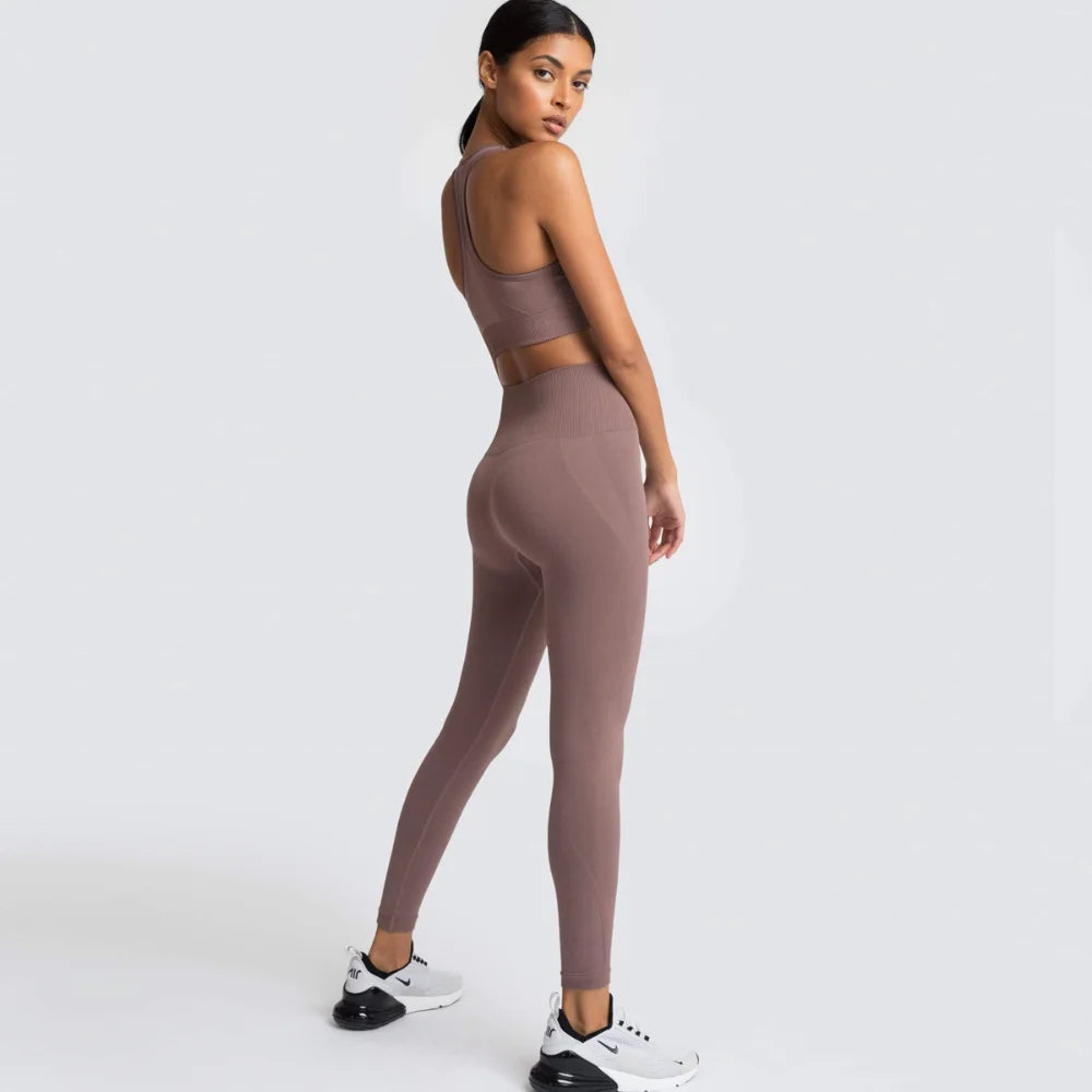Women's Seamless Yoga Set Fitness Crop Top & Tummy Control High Waist Leggings with Built-in Bra Workout