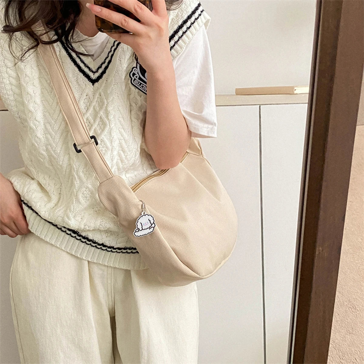 Minimalist Crossbody Bag with Puppy Pendant - Spacious & Stylish Scratch-Resistant Nylon Shoulder Bag  for Daily Essentials