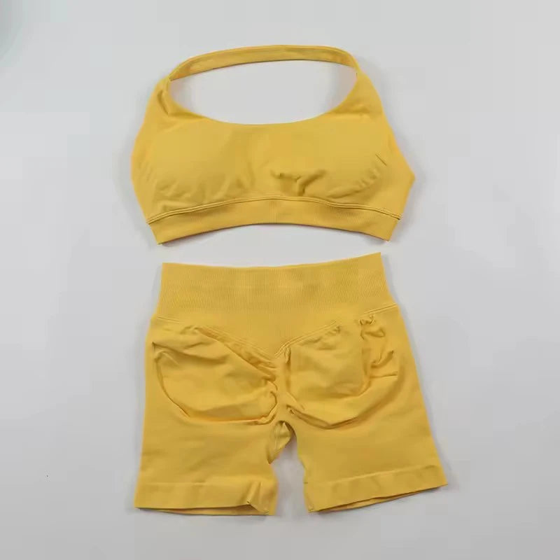 Sports Shorts Set 2 Pieces Seamless Yoga Set Workout Tracksuit Halter Yoga Top And Sports Short Suit