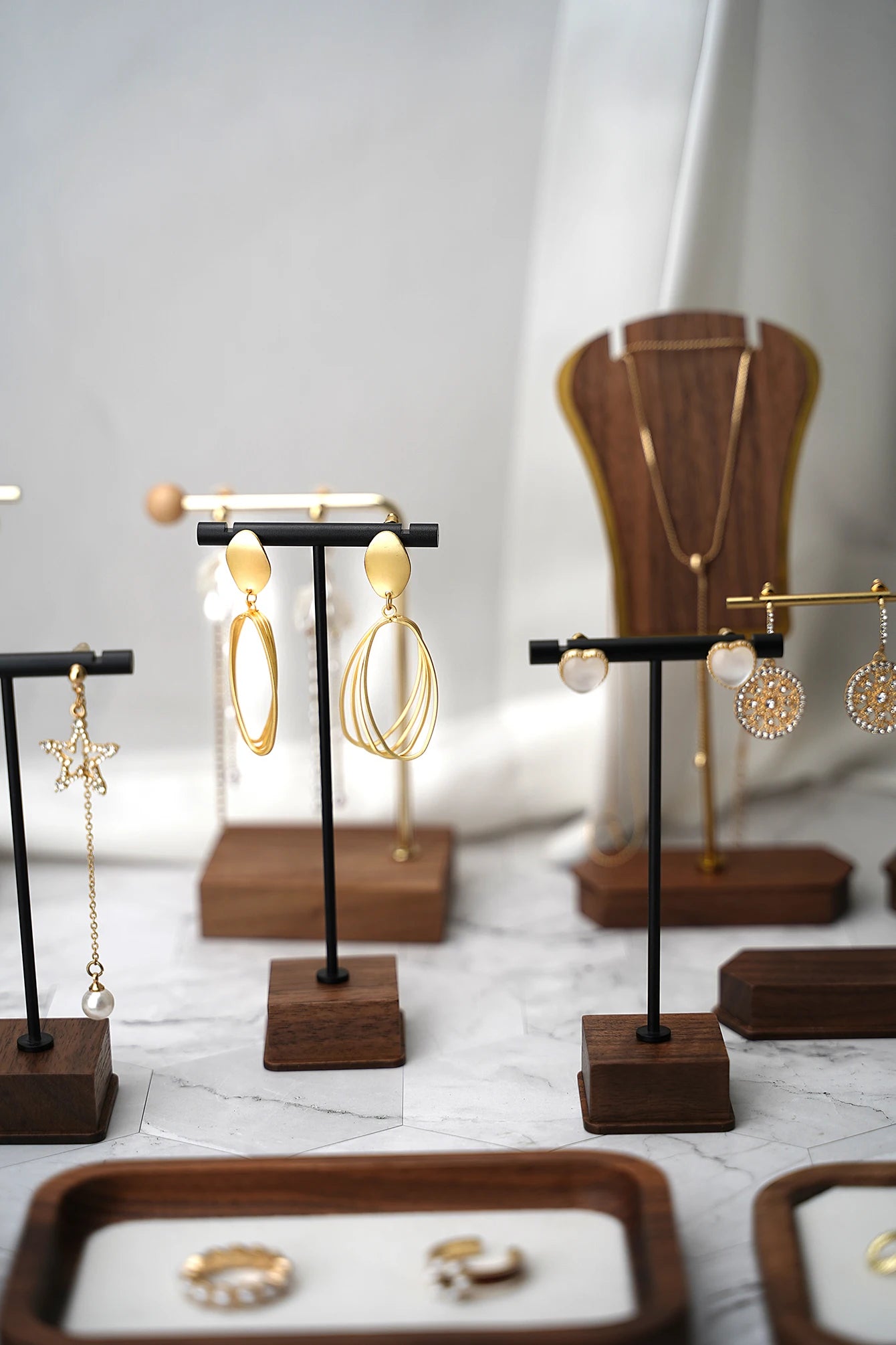 Multi - Use Jewelry Display Rack, Walnut Base Gold/Black Metal Top Rated Holder for Earrings/Necklaces, Loved by Boutique Owners